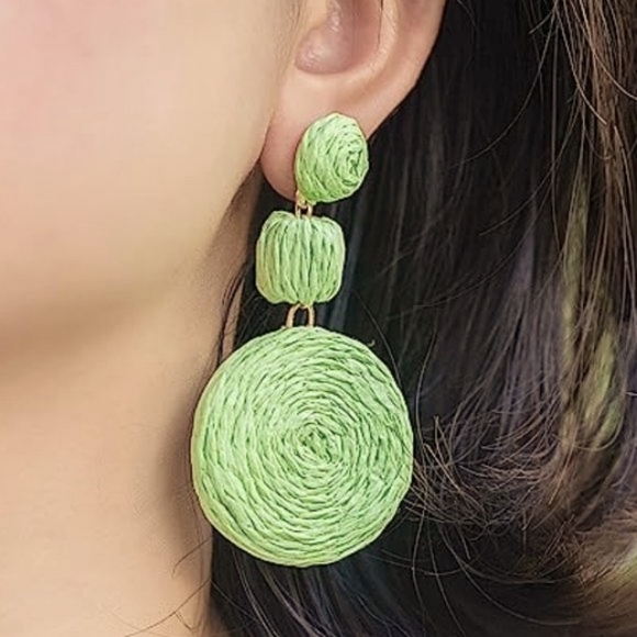 Big Mint Green Raffia Earrings Wicker Bold Vacation Statement Dangle 80s 90s New - Picture 3 of 6